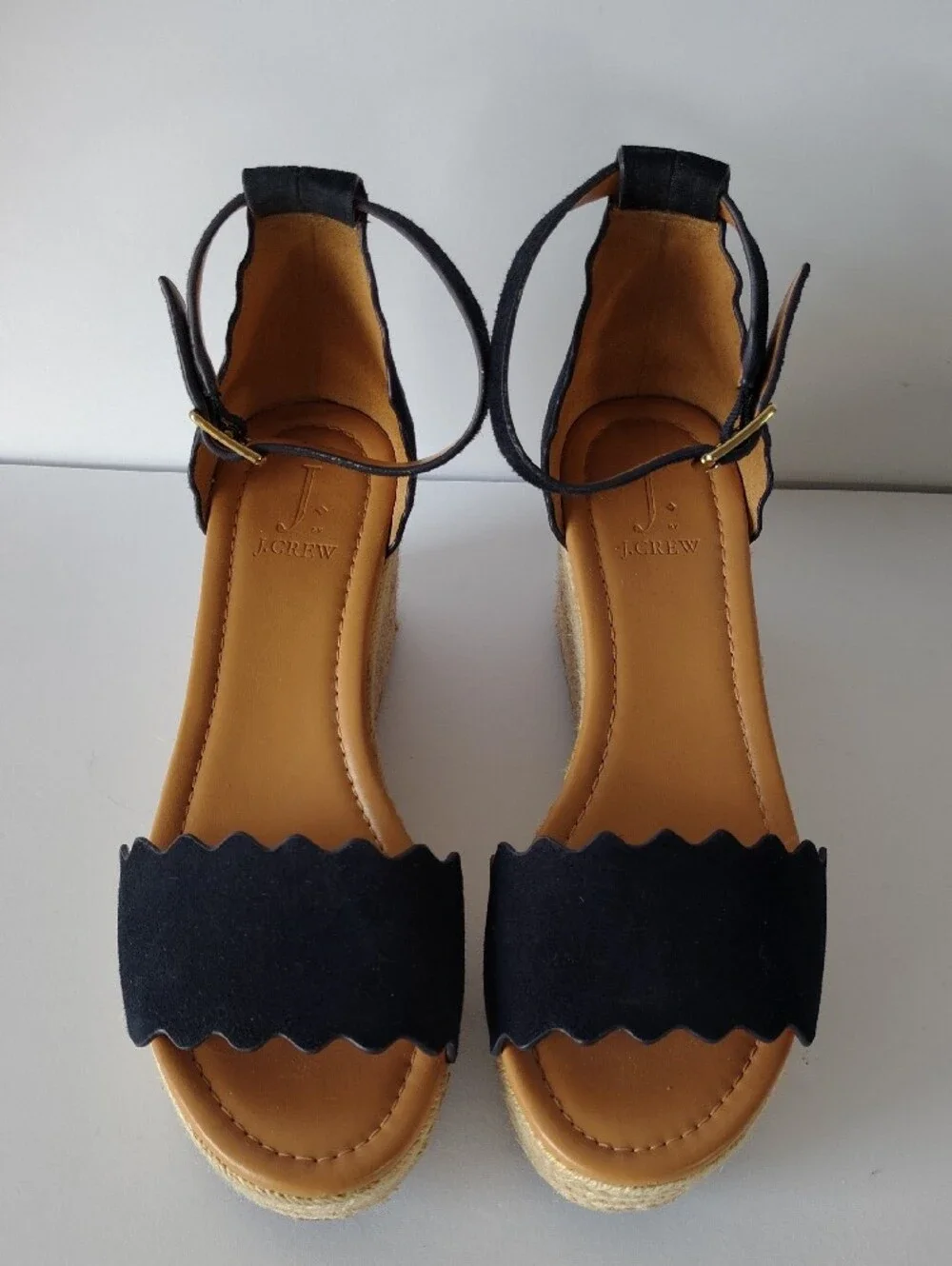 J. Crew Navy Scalloped Suede Wedge Espadrille Sandals